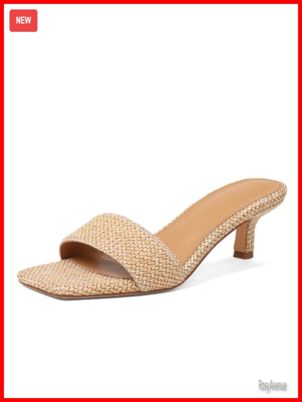 Raffia Kitten Heel Sandals Square Open Toe Slip On Low Heels for Women